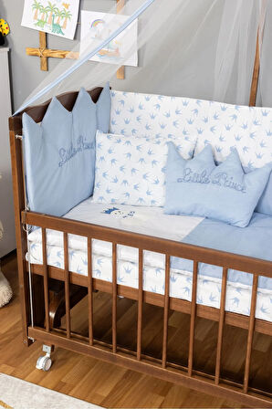 Ahşap Beşik Anne Yanı Beşik Ceviz 60x120 Mavi Prens (ERKEK) Uyku Seti Yatak Tekerlekli
