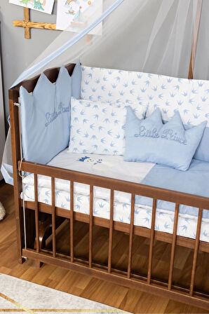Ahşap Beşik Anne Yanı Beşik Ceviz 60x120 Mavi Prens (ERKEK) Uyku Seti Yatak