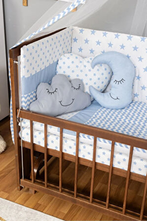 Ahşap Beşik Anne Yanı Beşik Ceviz 60x120 Mavi Yıldız Uyku Seti Yatak