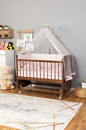Ahşap Beşik Anne Yanı Beşik Ceviz 60x120 - Pembe Balina Uyku Seti Yatak Tekerlekli