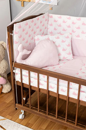 Ahşap Beşik Anne Yanı Beşik Ceviz 60x120 - Pembe Balina Uyku Seti Yatak Tekerlekli