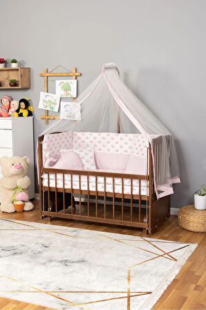 Ahşap Beşik Anne Yanı Beşik Ceviz 60x120 - Pembe Balina Uyku Seti Yatak