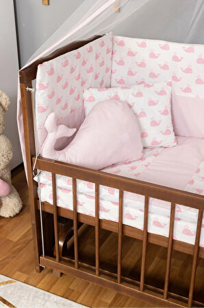 Ahşap Beşik Anne Yanı Beşik Ceviz 60x120 - Pembe Balina Uyku Seti Yatak