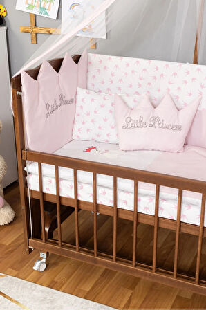 Ahşap Beşik Anne Yanı Beşik Ceviz 60x120 Pembe Prenses (KIZ) Uyku Seti Yatak Tekerlekli