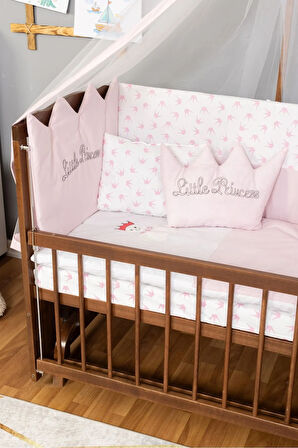 Ahşap Beşik Anne Yanı Beşik Ceviz 60x120 Pembe Prenses (KIZ) Uyku Seti Yatak