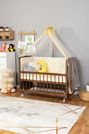 Ahşap Beşik Anne Yanı Beşik Ceviz 60x120 Sarı Yıldız Uyku Seti Yatak Tekerlekli
