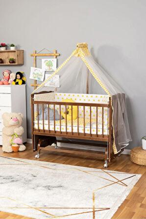 Ahşap Beşik Anne Yanı Beşik Ceviz 60x120 Sarı Yıldız Uyku Seti Yatak Tekerlekli