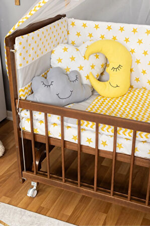 Ahşap Beşik Anne Yanı Beşik Ceviz 60x120 Sarı Yıldız Uyku Seti Yatak Tekerlekli