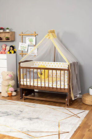 Ahşap Beşik Anne Yanı Beşik Ceviz 60x120 Sarı Yıldız Uyku Seti Yatak