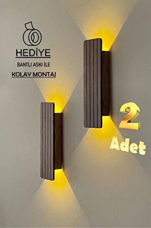 2 Adet Ahşap Pilli Dekoratif Duvar Aydınlatması Aplik Gece Lambası (CEVİZ- AMBER)