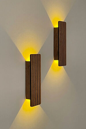 2 Adet Ahşap Pilli Dekoratif Duvar Aydınlatması Aplik Gece Lambası (CEVİZ- AMBER)