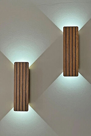 2 Adet Ahşap Pilli Dekoratif Duvar Aydınlatması Aplik Gece Lambası (CEVİZ-BEYAZIŞIK)