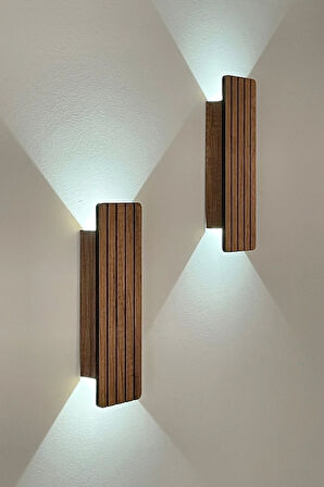 2 Adet Ahşap Pilli Dekoratif Duvar Aydınlatması Aplik Gece Lambası (CEVİZ-BEYAZIŞIK)