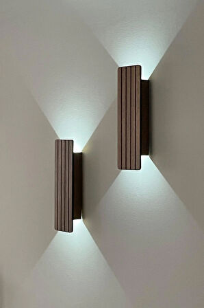 2 Adet Ahşap Pilli Dekoratif Duvar Aydınlatması Aplik Gece Lambası (CEVİZ-BEYAZIŞIK)