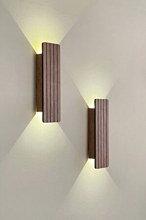 2 Adet Ahşap Pilli Dekoratif Duvar Aydınlatması Aplik Gece Lambası (CEVİZ-GÜNIŞIĞI)