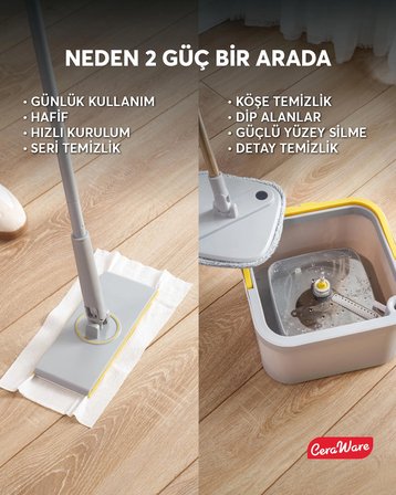 Home Care Premium Hijyen Seti Dual System Kare Mop Pratica Click Mop 2 Mikrofiber Bez