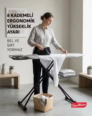 Ceraware Nero Premium Ütü Masası Sallanmaz StabilBase Sistem Kalın Boru Büyük Boy Profesyonel Ütü Deneyimi