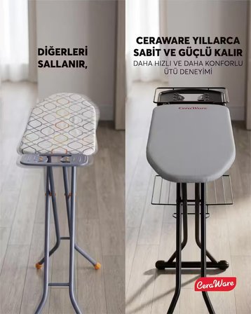 Ceraware Nero Premium Ütü Masası Sallanmaz StabilBase Sistem Kalın Boru Büyük Boy Profesyonel Ütü Deneyimi