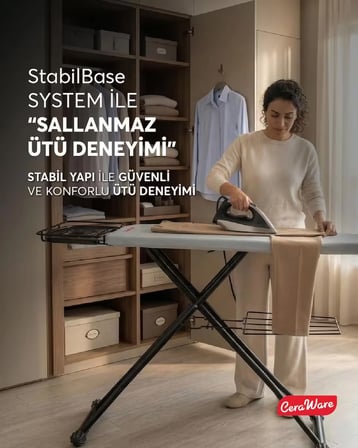 Ceraware Nero Premium Ütü Masası Sallanmaz StabilBase Sistem Kalın Boru Büyük Boy Profesyonel Ütü Deneyimi