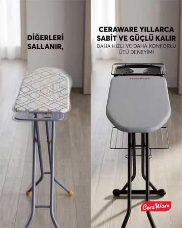 Ceraware Nero Premium Ütü Masası Sallanmaz StabilBase Sistem Kalın Boru Büyük Boy Profesyonel Ütü Deneyimi