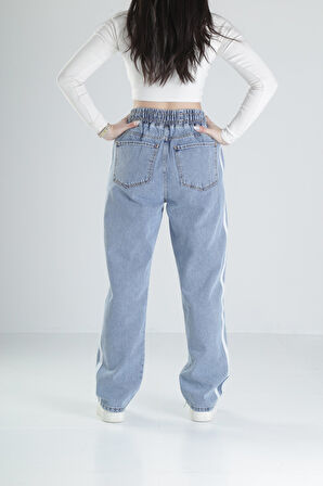 Şerit Detaylı Mavi Baggy Kot Pantolon