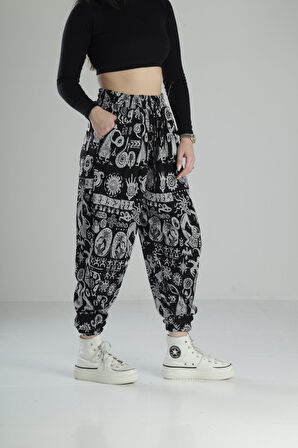 Etnik Desenli Pileli Jogger Pantolon
