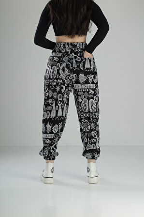 Etnik Desenli Pileli Jogger Pantolon