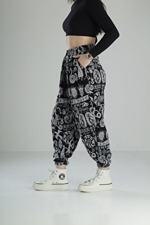 Etnik Desenli Pileli Jogger Pantolon
