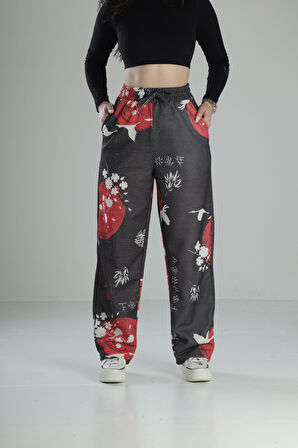 Japon Çiçeği Desenli Baggy Pantolon
