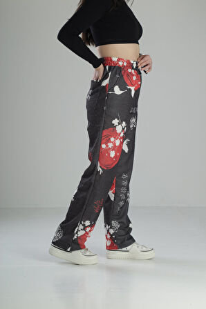 Japon Çiçeği Desenli Baggy Pantolon