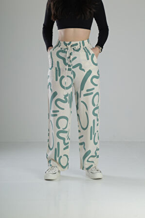Yeşil Etnik Desenli Baggy Pantolon