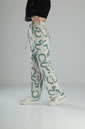 Yeşil Etnik Desenli Baggy Pantolon