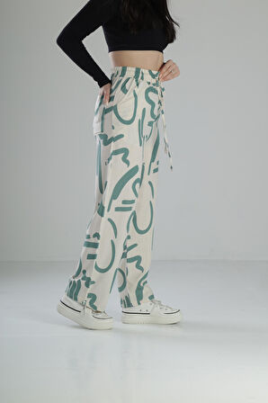 Yeşil Etnik Desenli Baggy Pantolon
