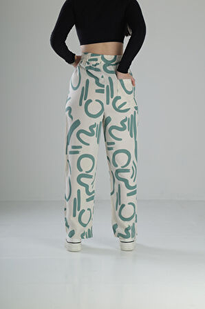 Yeşil Etnik Desenli Baggy Pantolon