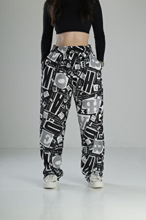 Yazı Desenli Baggy Pantolon