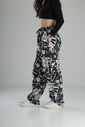 Yazı Desenli Baggy Pantolon