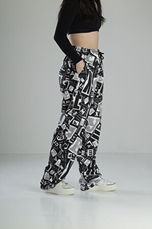 Yazı Desenli Baggy Pantolon