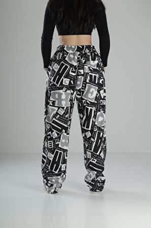 Yazı Desenli Baggy Pantolon