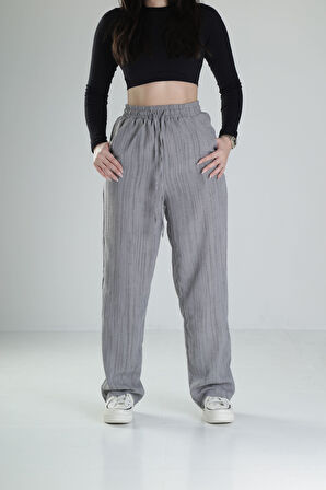 Aerobin Keten Kumaş Gri Baggy Pantolon