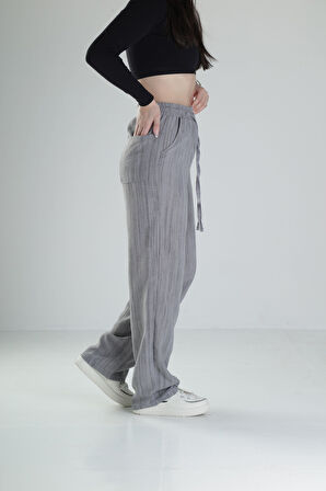 Aerobin Keten Kumaş Gri Baggy Pantolon