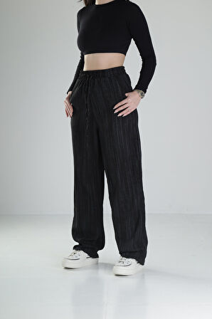 Aerobin Keten Kumaş Siyah Baggy Pantolon
