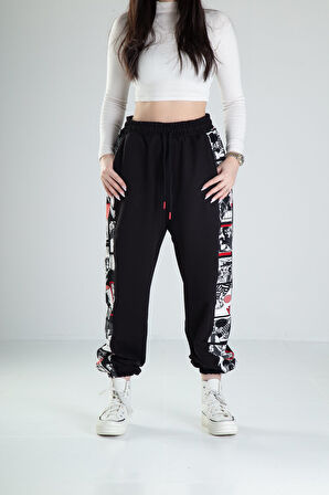 Çizgi Roman Desenli Siyah Jogger