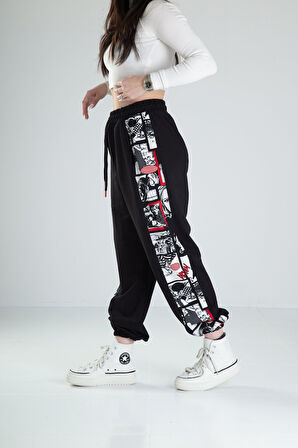 Çizgi Roman Desenli Siyah Jogger