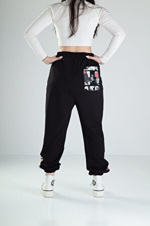 Çizgi Roman Desenli Siyah Jogger