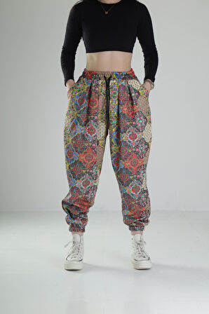 Etnik Desenli Pileli Jogger Pantolon