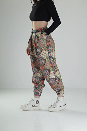 Etnik Desenli Pileli Jogger Pantolon