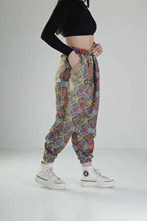 Etnik Desenli Pileli Jogger Pantolon