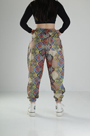 Etnik Desenli Pileli Jogger Pantolon