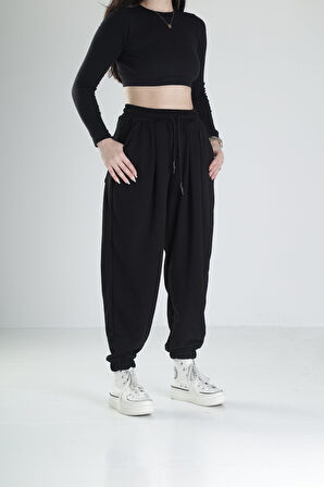 Paça Lastikli Pileli Siyah Jogger Pantolon