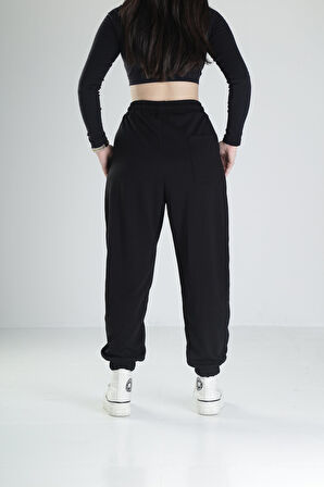 Paça Lastikli Pileli Siyah Jogger Pantolon